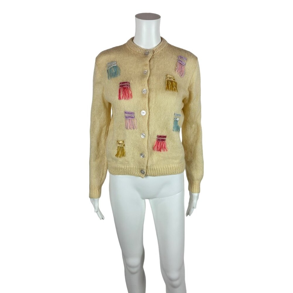 Vintage 60s Mohair Cardigan Women's Medium Pastel Yarn Details Wool Sweater - Picture 1 of 9